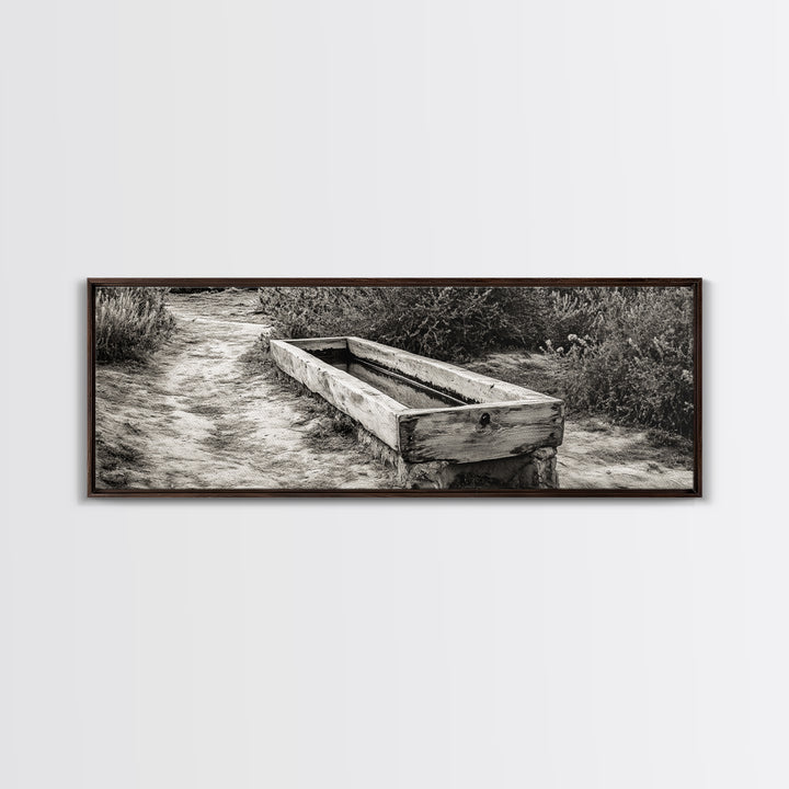 Rustic Water Trough, Nature Trail, Western Desert Scene, Framed Canvas Print, Country Farmhouse Decor, Minimalist Entryway Wall Art