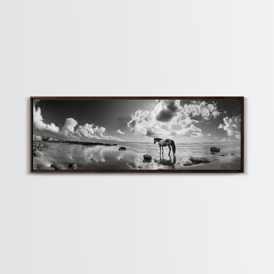 Beach Horse Reflection, Coastal Freedom, Wild Spirit Scene, Framed Canvas Print, Western Bathroom Art, Minimalist Beach House Decor