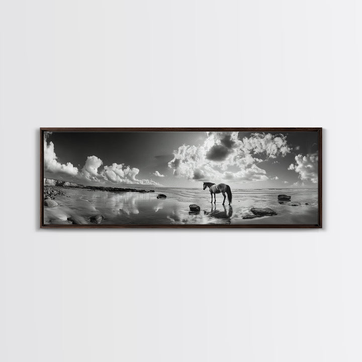 Beach Horse Reflection, Coastal Freedom, Wild Spirit Scene, Framed Canvas Print, Western Bathroom Art, Minimalist Beach House Decor