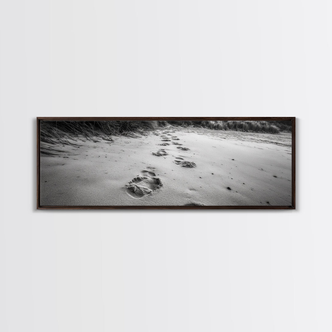 Beach Footprints, Sandy Path, Seaside Steps, Reflective Moment, Canvas Print, Minimalist Bathroom Wall Art, Tranquil Coastal Decor