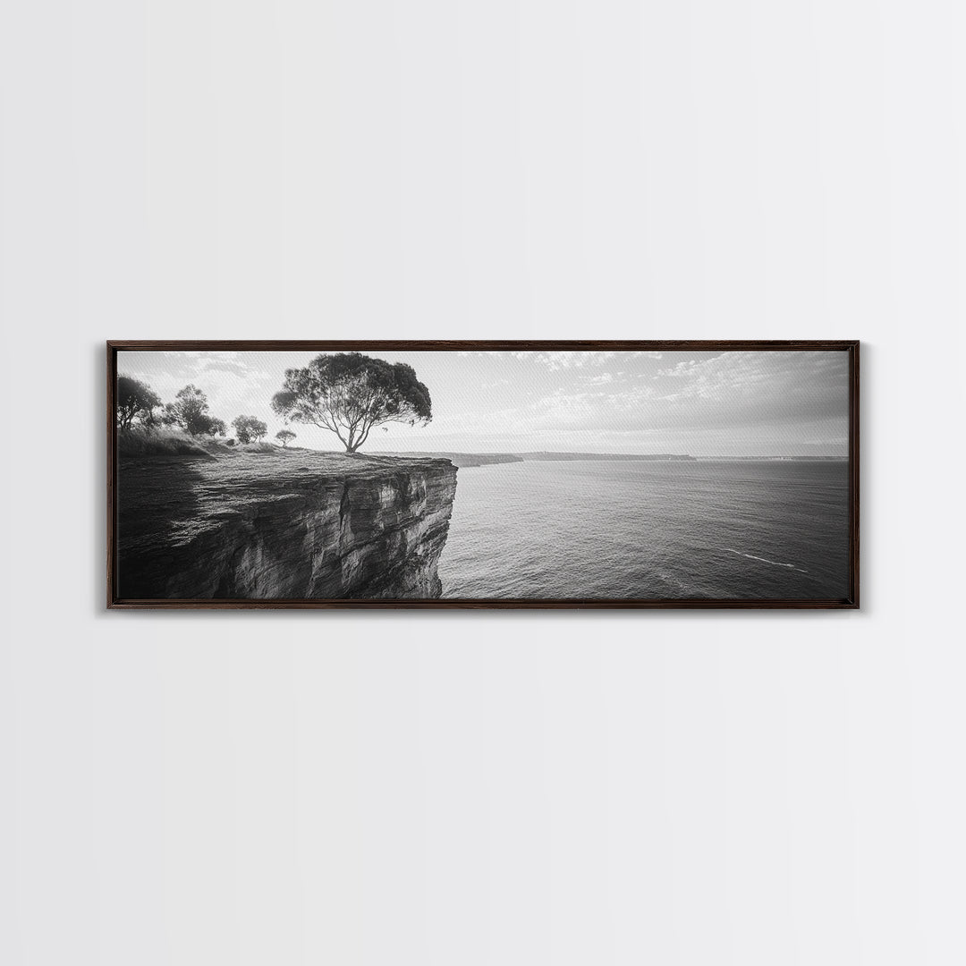 Coastal Cliff Tree, Ocean Horizon, Nature Photography, Framed Canvas Print, Minimalist Wall Art, Living Room Decor, Modern Landscape