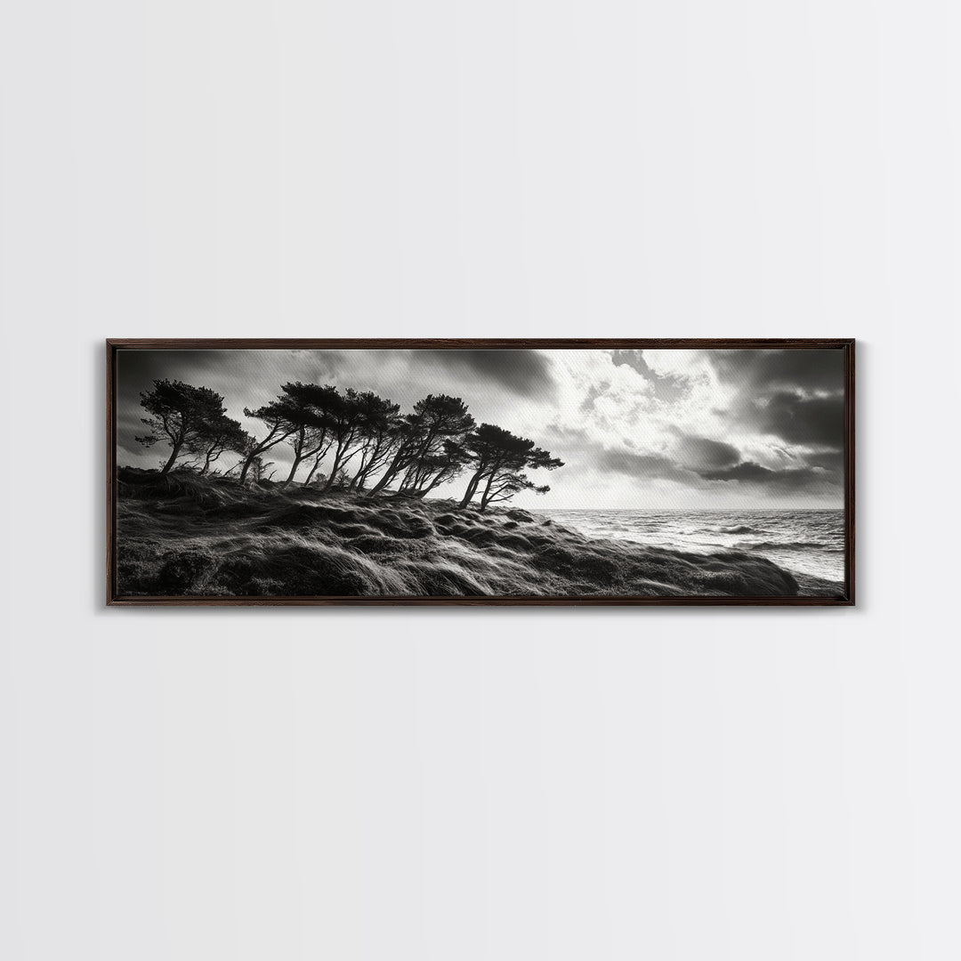 Windswept Pines, Stormy Sea, Moody Coastal Scene, Framed Canvas Print, Rustic Nature Decor, Bedroom Wall Art, Autumn Vibes