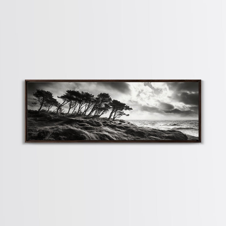 Windswept Pines, Stormy Sea, Moody Coastal Scene, Framed Canvas Print, Rustic Nature Decor, Bedroom Wall Art, Autumn Vibes