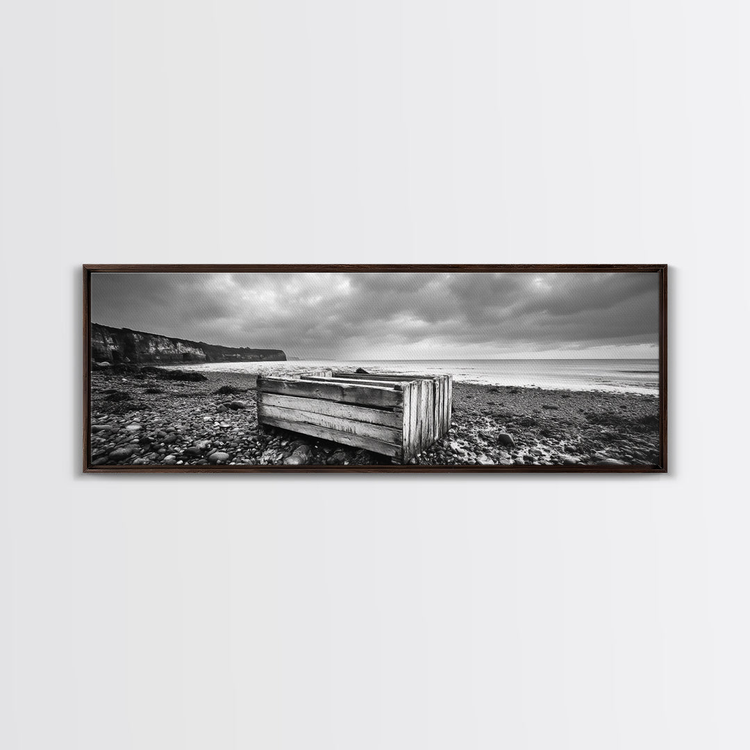 Rocky Beach, Driftwood Crate, Stormy Sky Seascape, Framed Canvas Print, Coastal Rustic Decor, Bathroom Wall Art, Monochrome Style