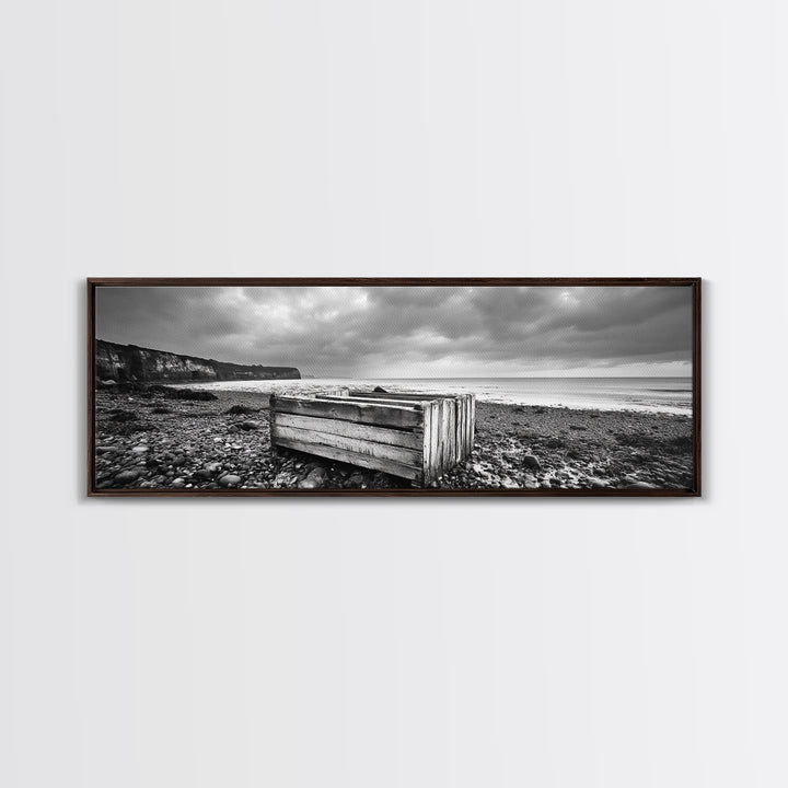 Rocky Beach, Driftwood Crate, Stormy Sky Seascape, Framed Canvas Print, Coastal Rustic Decor, Bathroom Wall Art, Monochrome Style