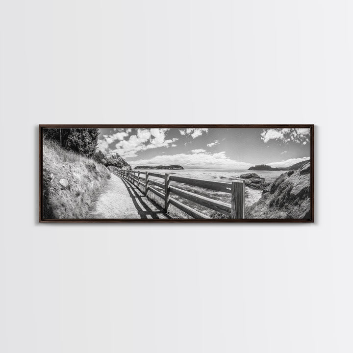 Coastal Fence Path, Island View, Ocean Trail, Framed Canvas Print, Bright Scenic Art, Living Room Decor, Seaside Landscape Vibe