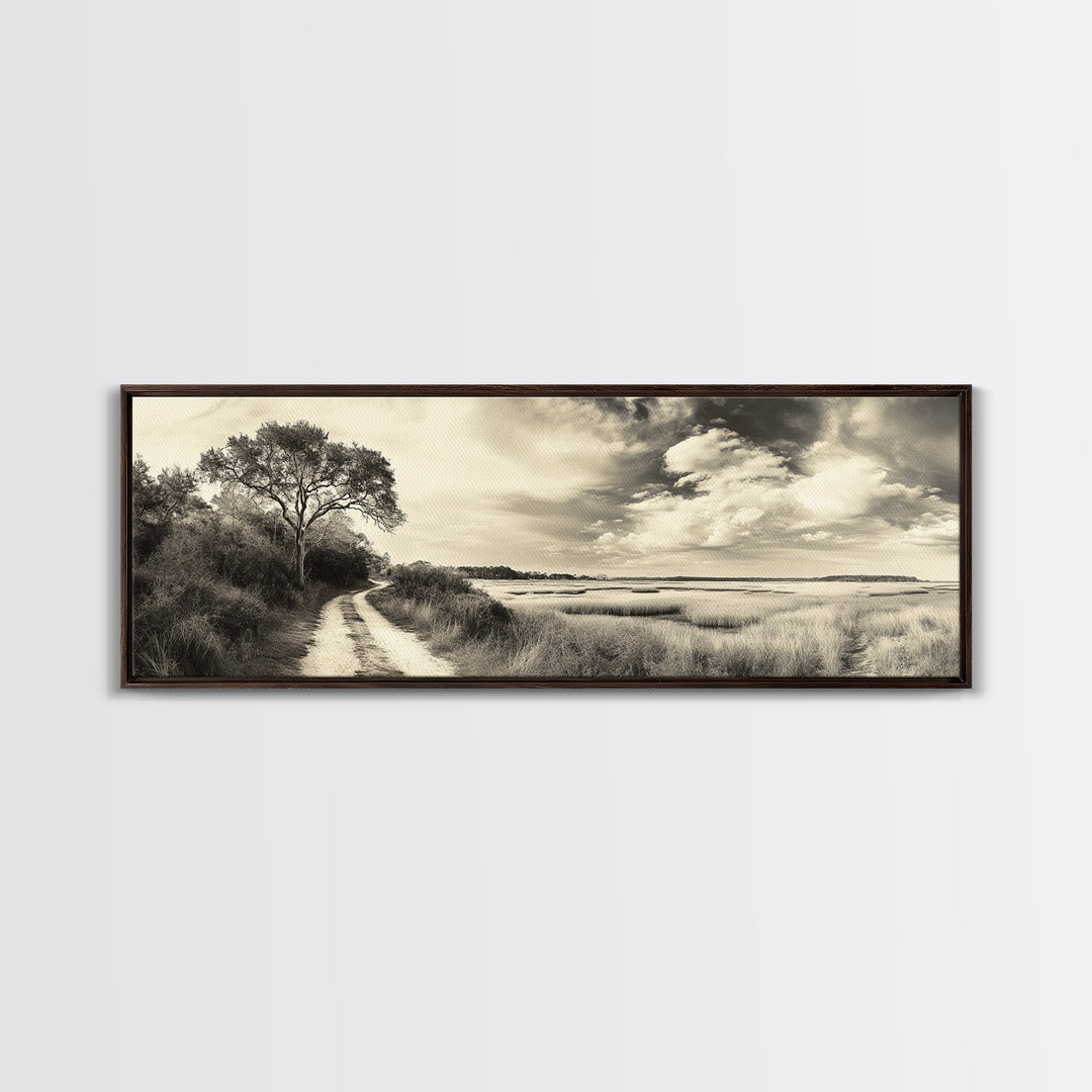 Country Road, Marshland Meadow, Lone Tree Landscape, Framed Canvas Print, Rustic Fall Wall Art, Entryway Decor, Neutral Nature Style