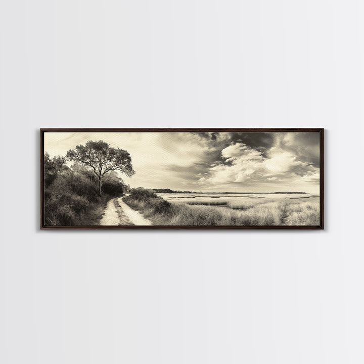 Country Road, Marshland Meadow, Lone Tree Landscape, Framed Canvas Print, Rustic Fall Wall Art, Entryway Decor, Neutral Nature Style