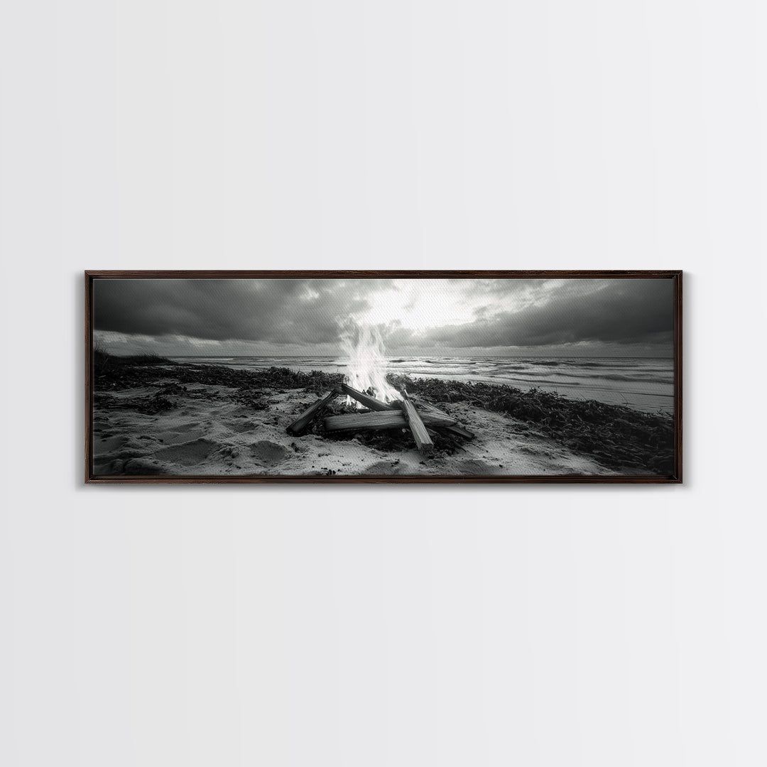 Driftwood Fire, Coastal Sky, Ocean Mood, Fall Campfire, Framed Canvas Print, rustic lake decor, bohemian fireplace art, nature wall accent