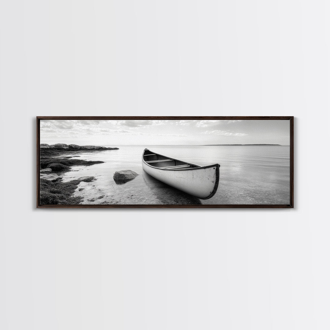 Canoe Shore, Coastal Calm, Nature Paddle, Tranquil Waters, Canvas Print, minimalist outdoor art, boho lake decor, living room wall piece