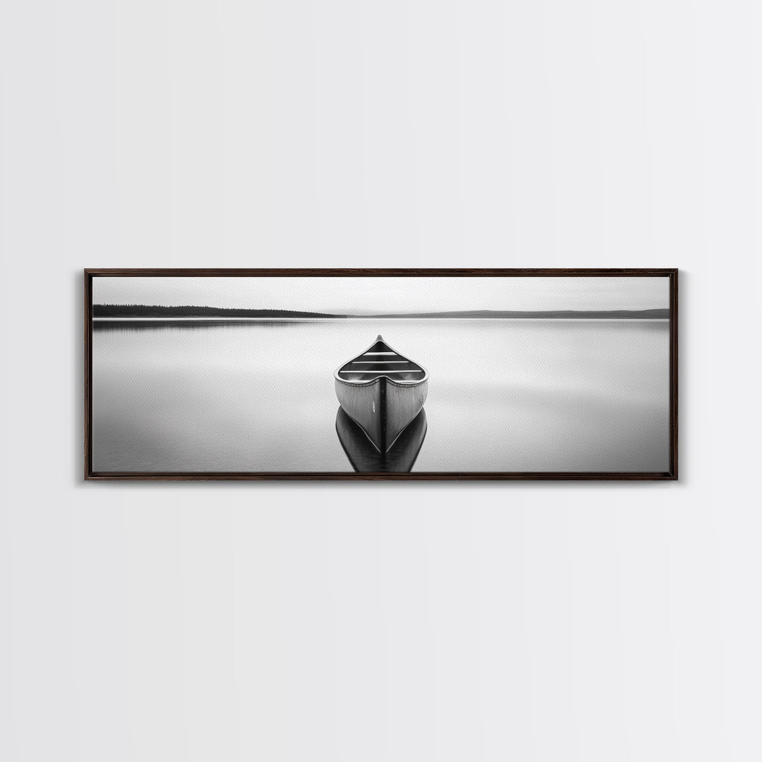 Still Canoe, Lake Mirror, Serene Water, Monochrome Boat, Framed Canvas Print, minimalist wall art, peaceful bedroom decor, boho lake style
