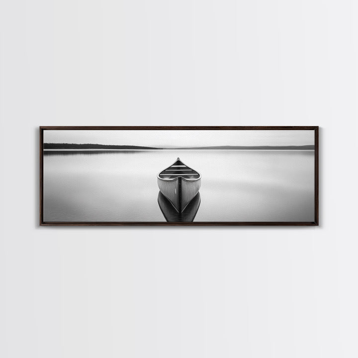 Still Canoe, Lake Mirror, Serene Water, Monochrome Boat, Framed Canvas Print, minimalist wall art, peaceful bedroom decor, boho lake style