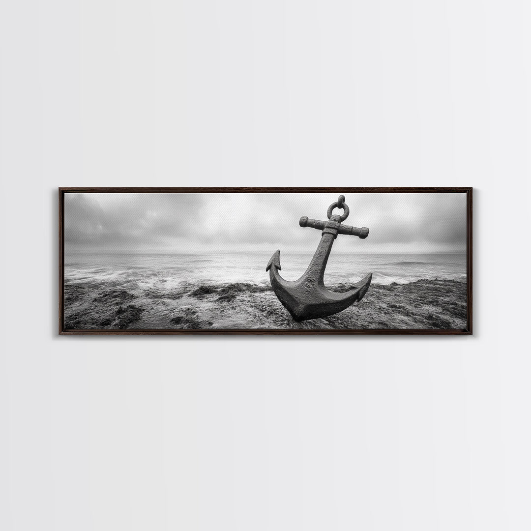 Anchor Shore, Ocean Symbol, Coastal Rust, Nautical Fog, Framed Canvas Print, Bathroom Decor, Marine Wall Art, Minimalist Nautical Style