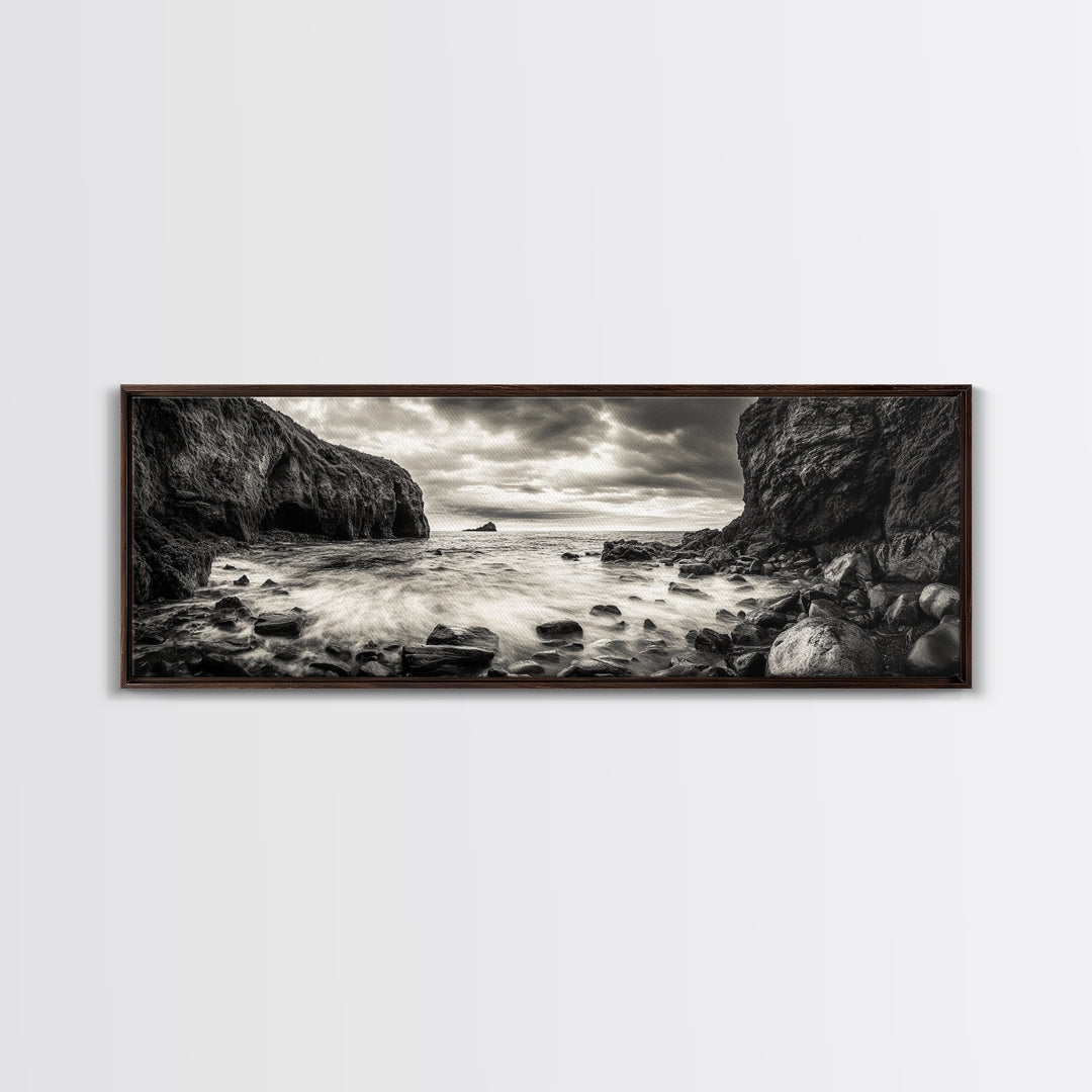 Rocky Shore Escape, Ocean Cliffside, Wild Coast, Moody Sky, Framed Canvas Print, Modern Bathroom Art, Nature Lover Decor
