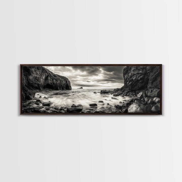 Rocky Shore Escape, Ocean Cliffside, Wild Coast, Moody Sky, Framed Canvas Print, Modern Bathroom Art, Nature Lover Decor