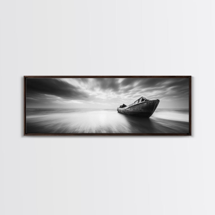 Abandoned Shipwreck, Ocean Ghost Boat, Moody Horizon, Dramatic Sky, Framed Canvas Print, Dark Nautical Art, Hallway Statement Piece