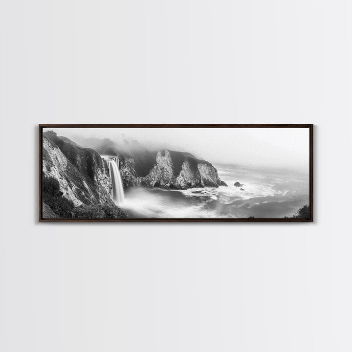 Cliffside Waterfall Coast, Misty Ocean Falls, Dramatic Drop, Nature Power, Framed Canvas Print, Scenic Landscape Wall Art, Spa Bathroom Decor