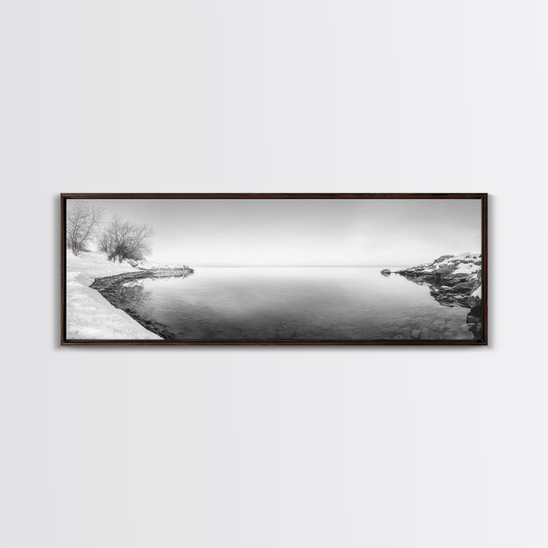 Winter Lake Reflection, Minimal Snow Scene, Bare Trees, Serene Water, Framed Canvas Print, Nordic Minimalist Art, Bedroom Wall Decor