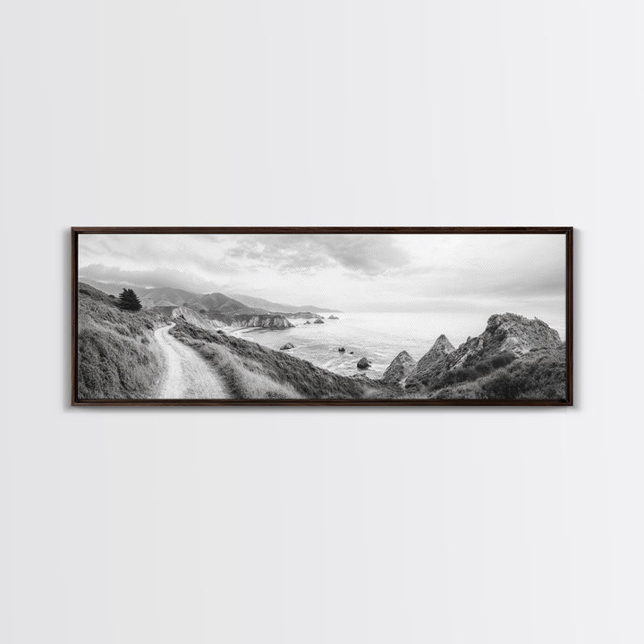 Coastal Trail View, Mountain Seascape, Minimalist Beach Path, Framed Canvas Print, Serene Landscape, Living Room Wall Art, Nature Decor