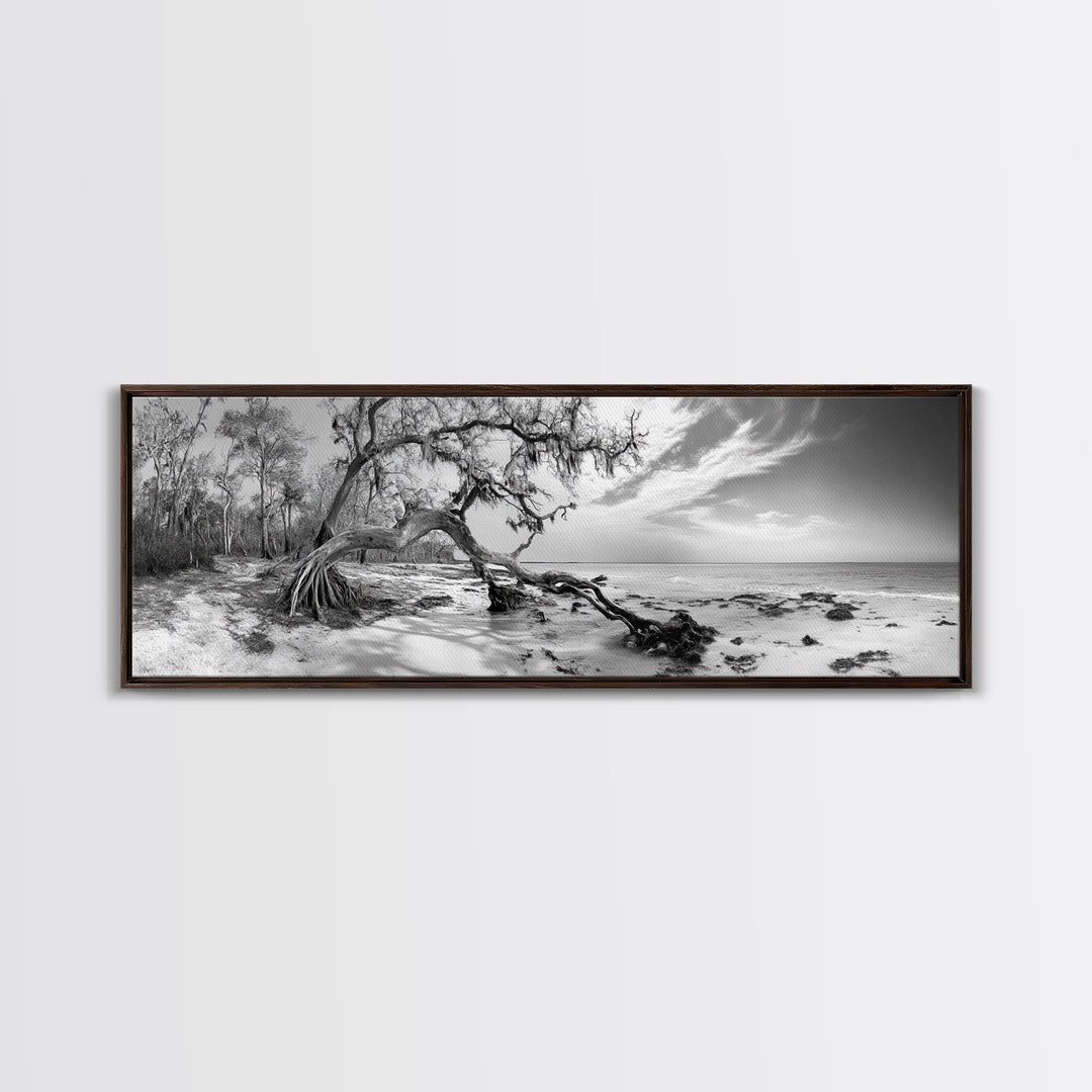 Bending Tree Beach, Windswept Coastal Scene, Dune Forest, Canvas Print, Monochrome Minimalist Art, Boho Bedroom Decor, Ocean Tones