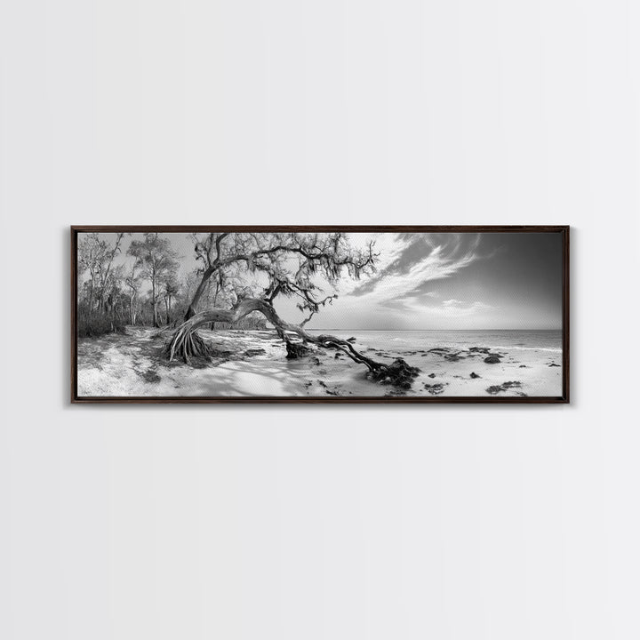 Bending Tree Beach, Windswept Coastal Scene, Dune Forest, Canvas Print, Monochrome Minimalist Art, Boho Bedroom Decor, Ocean Tones