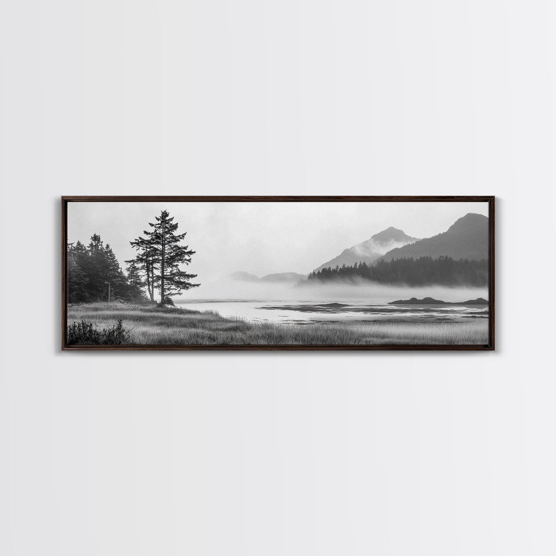 Foggy River Valley, Evergreen Mountains, Morning Mist Landscape, Framed Canvas Print, Tranquil Bedroom Art, Nature Inspired Decor