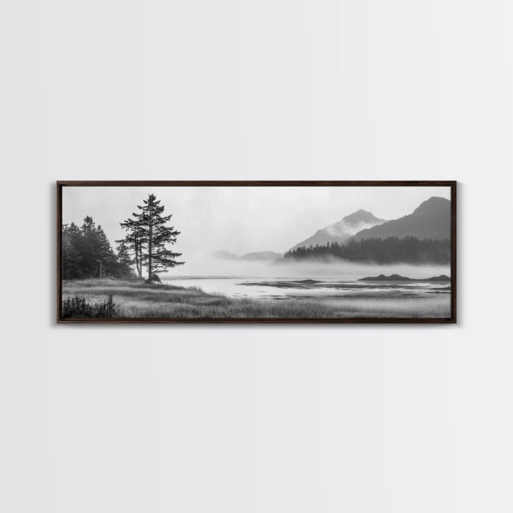 Foggy River Valley, Evergreen Mountains, Morning Mist Landscape, Framed Canvas Print, Tranquil Bedroom Art, Nature Inspired Decor