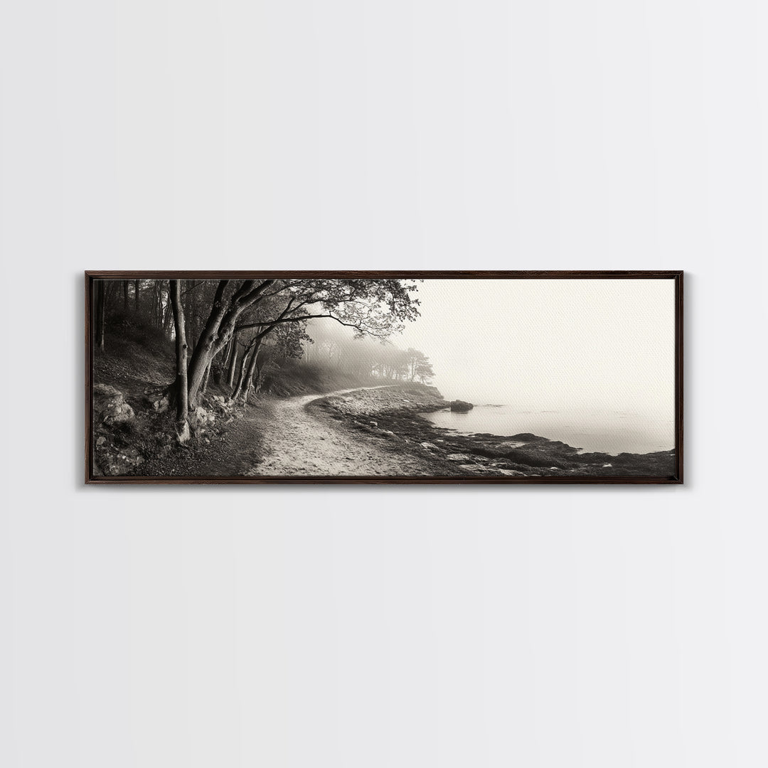 Forest Path, Misty Woods, Quiet Trail, Coastal Fog, Framed Canvas Print, Scandinavian Decor, Entryway Art, Minimal Nature Photography