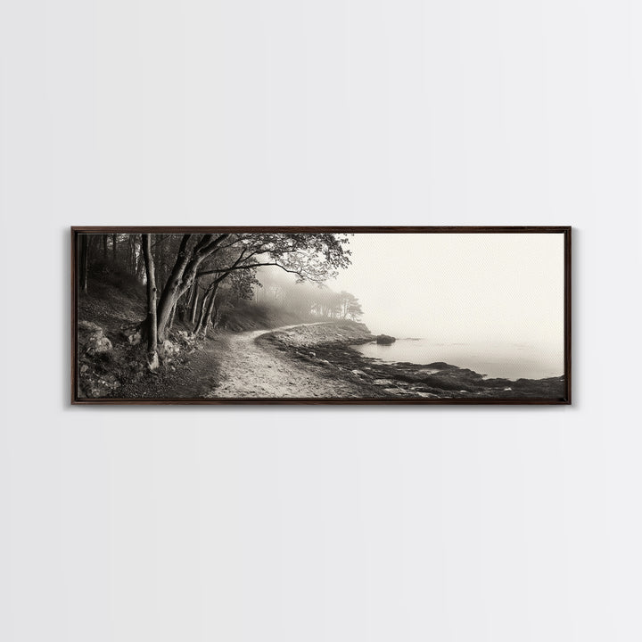 Forest Path, Misty Woods, Quiet Trail, Coastal Fog, Framed Canvas Print, Scandinavian Decor, Entryway Art, Minimal Nature Photography
