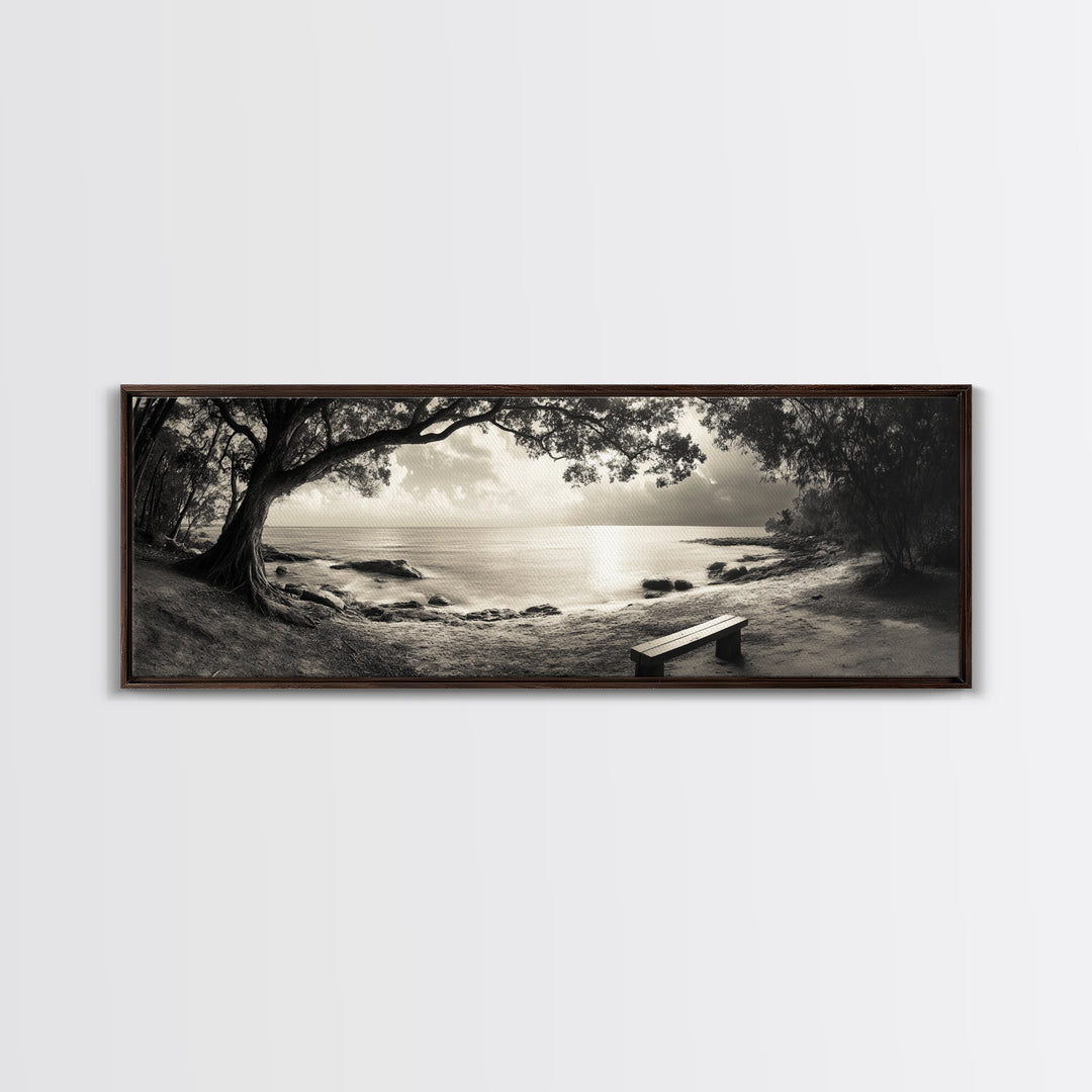 Serene Bench, Ocean View, Tropical Shoreline, Framed Canvas Print, Tranquil Beach Art, Entryway Decor, Nature Photography Wall Art