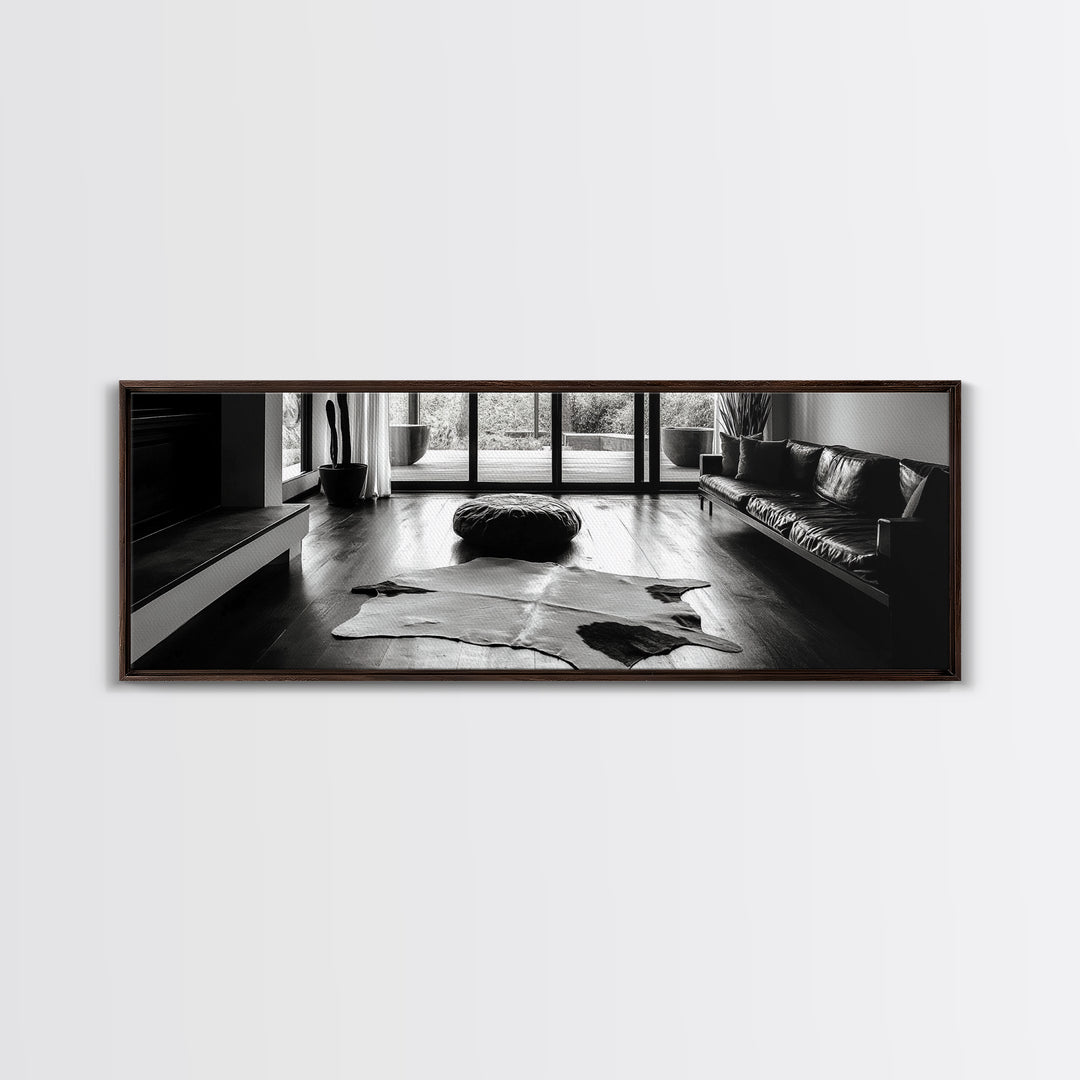 Modern Living, Minimalist Decor, Cowhide Rug, Framed Canvas Print, Neutral Aesthetic Wall Art, Luxury Living Room Design Accent
