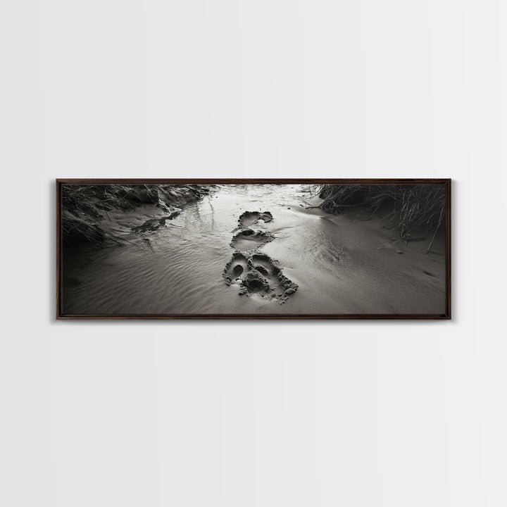 Footprints in Sand, Nature Pathway, Tranquil Stream, Framed Canvas Print, Mindful Journey Art, Rustic Entryway Wall Photography