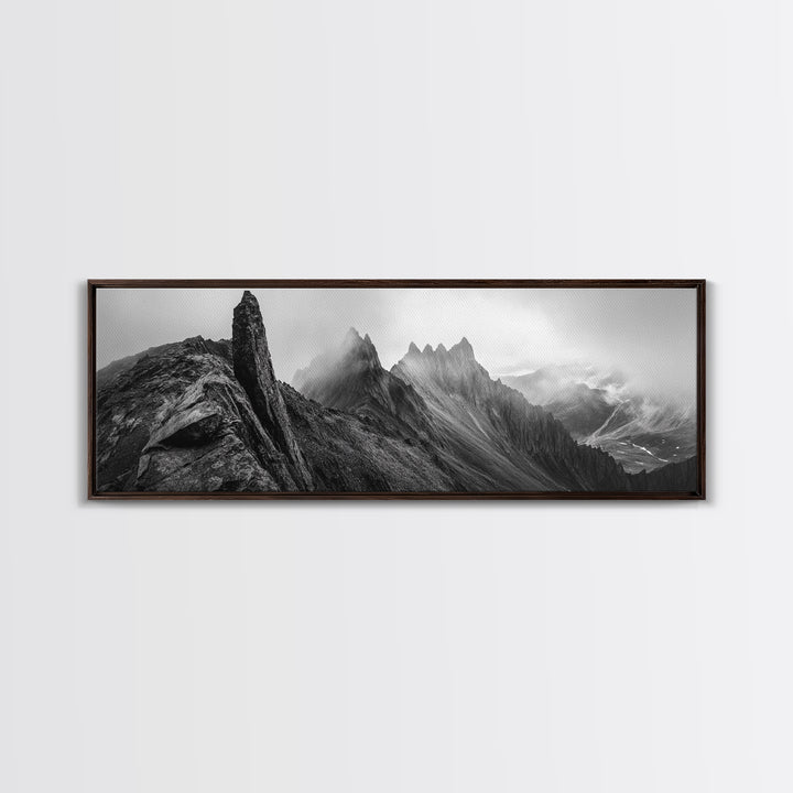 Jagged Peaks, Foggy Mountains, Dramatic Range, Canvas Print, Monochrome Wilderness Art, Office or Cabin Wall Decor, Adventure Style