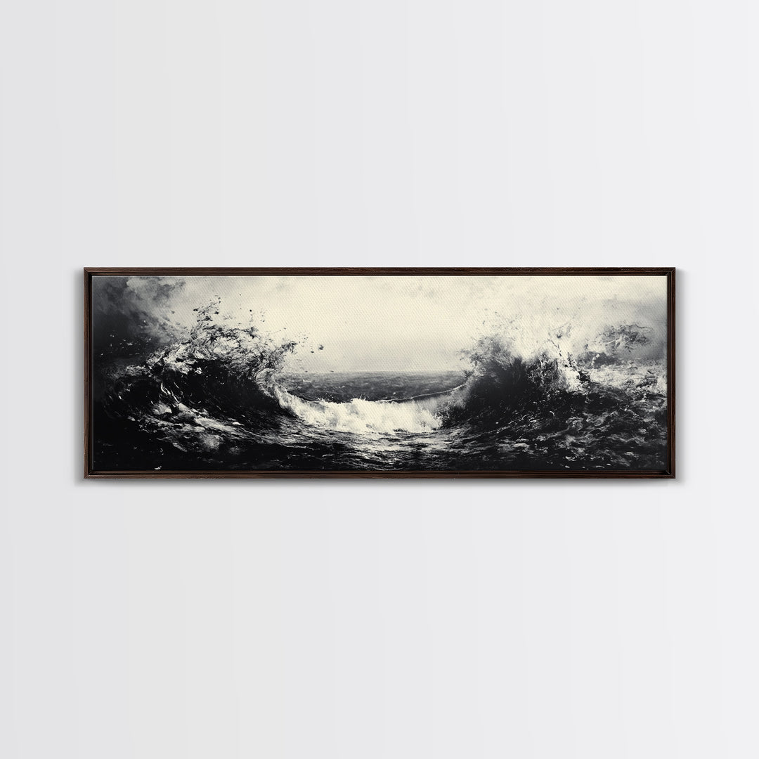 Crashing Waves, Stormy Ocean, Monochrome Surf, Canvas Print, Abstract Seascape Art, Moody Bathroom Decor, Black and White Art Style