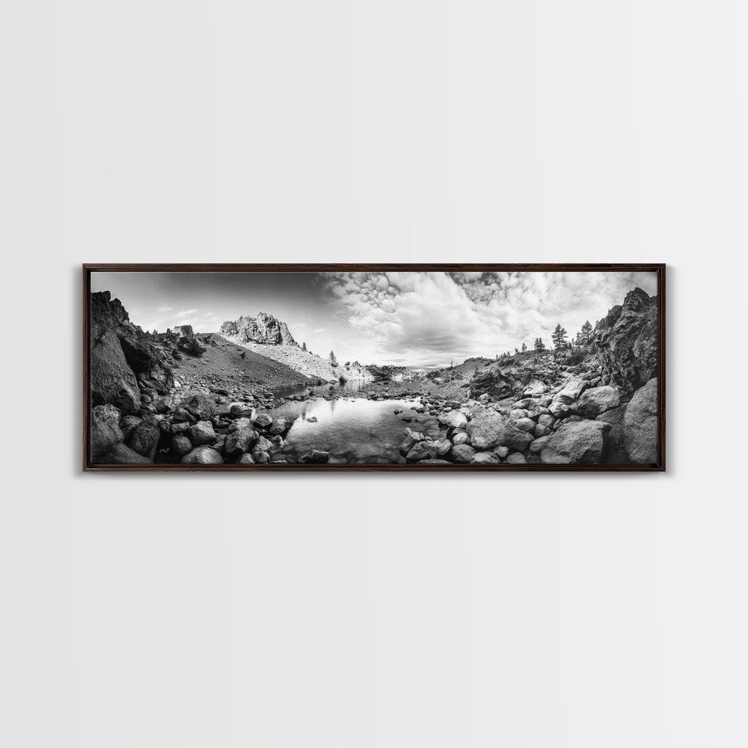 Rocky Lake, Wilderness Reflection, Mountain Calm, Framed Canvas Print, Cabin Nature Wall Art, Rustic Home Decor, Adventure Photography