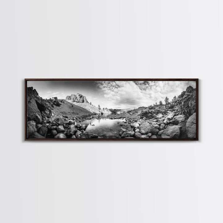 Rocky Lake, Wilderness Reflection, Mountain Calm, Framed Canvas Print, Cabin Nature Wall Art, Rustic Home Decor, Adventure Photography