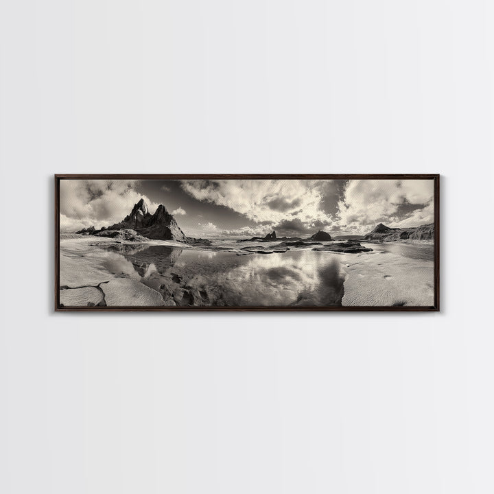 Coastal Rocks, Ocean Reflection, Dramatic Sky, Framed Canvas Print, Beach Landscape Photography, Fall Living Room Wall Art