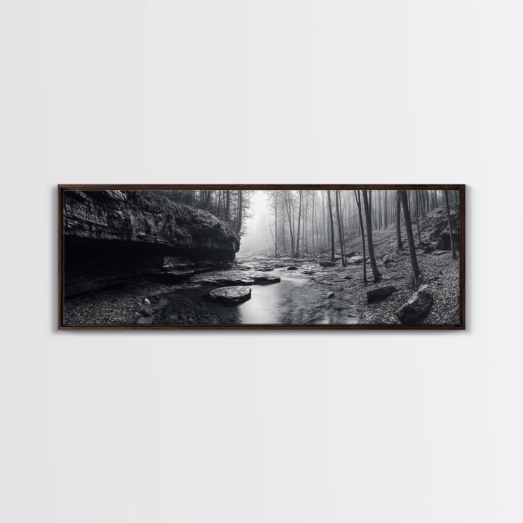 Misty River, Tranquil Forest, Autumn Nature, Monochrome Photography, Framed Canvas Print, Bedroom Wall Art, Rustic Decor, Minimalist Style