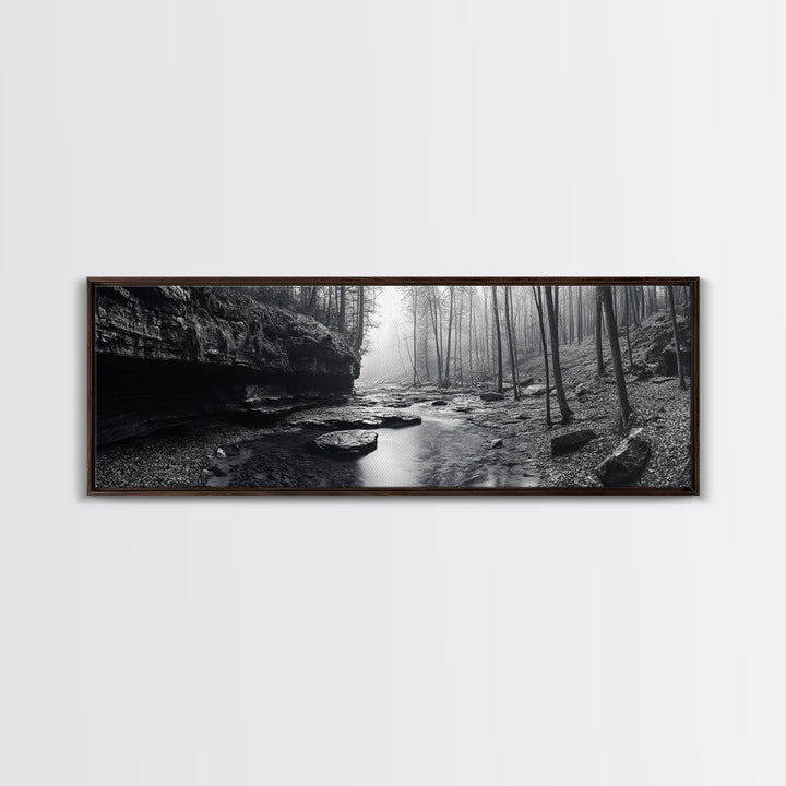 Misty River, Tranquil Forest, Autumn Nature, Monochrome Photography, Framed Canvas Print, Bedroom Wall Art, Rustic Decor, Minimalist Style