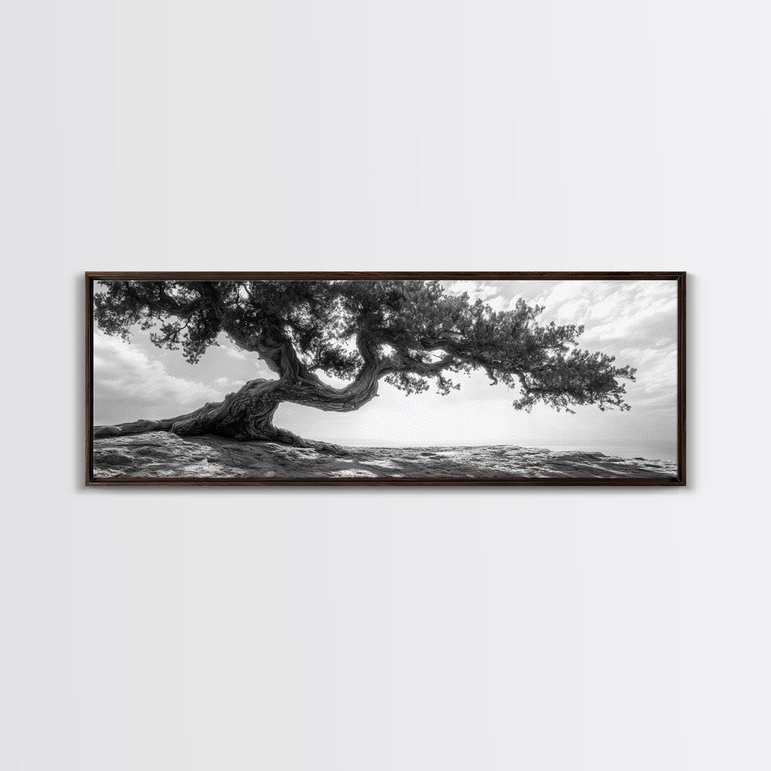 Bending Tree, Windswept Landscape, Coastal Nature, Monochrome Art, Framed Canvas Print, Zen Wall Art, Minimalist Living Room Decor