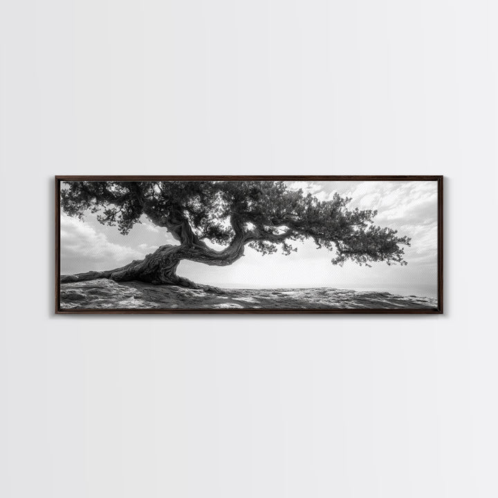 Bending Tree, Windswept Landscape, Coastal Nature, Monochrome Art, Framed Canvas Print, Zen Wall Art, Minimalist Living Room Decor