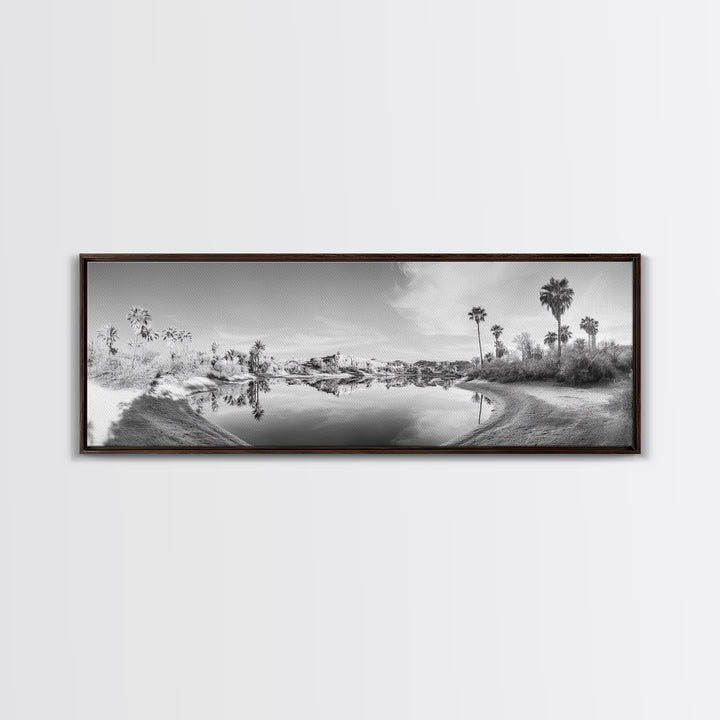 Oasis Reflections, Palm Trees, Desert Scene, Infrared Art Print, Framed Canvas Print, Tropical Wall Art, Boho Bedroom Decor, Tranquil Style
