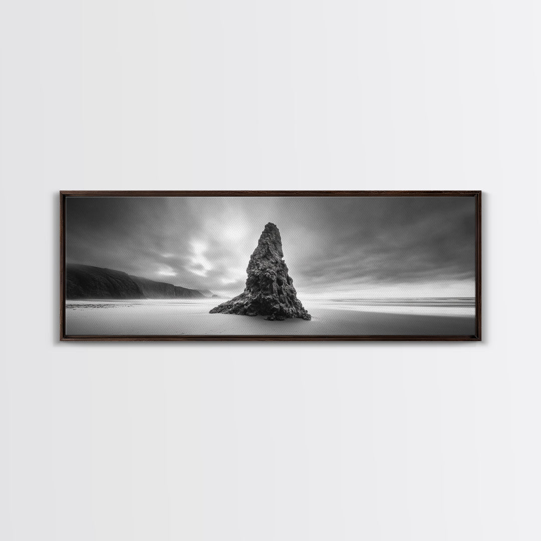 Coastal Monolith, Oregon Seascape, Moody Sky, Dramatic Beach, Framed Canvas Print, Coastal Wall Art, Modern Minimalist Decor