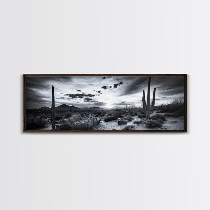 Desert Sunset, Cactus Silhouettes, Southwestern Landscape, Moody Sky Scene, Framed Canvas Print, Western Wall Art, Rustic Office Decor