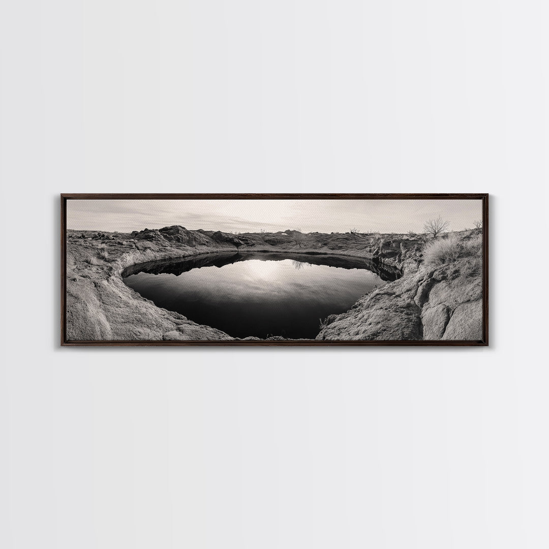 Desert Pool, Reflected Sky, Rugged Terrain, Monochrome Minimalism, Framed Canvas Print, Earthy Wall Art, Neutral Bedroom Decor