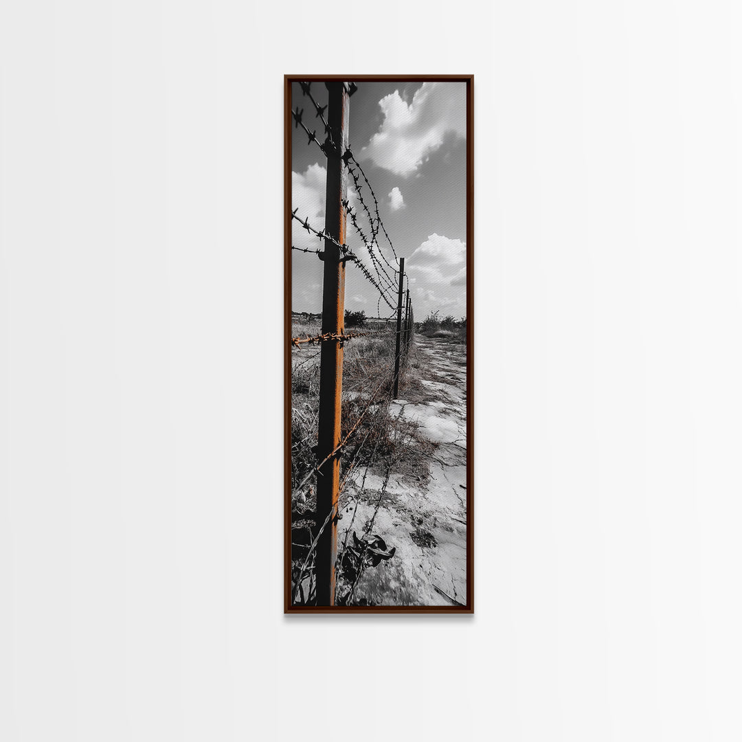 Rust Fence, Barbed Wire, Dramatic Sky, Framed Canvas Print, Abandoned Rural Art, Modern Industrial Decor, Grayscale Country Wall Art
