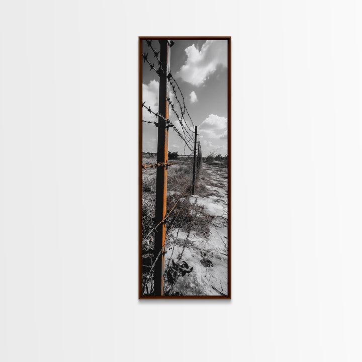 Rust Fence, Barbed Wire, Dramatic Sky, Framed Canvas Print, Abandoned Rural Art, Modern Industrial Decor, Grayscale Country Wall Art