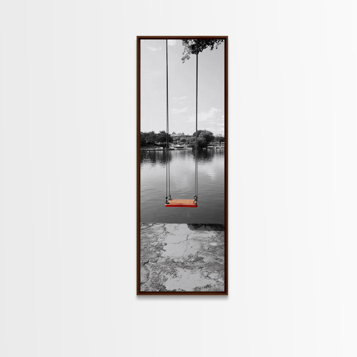 Swing Over Lake, Still Waters, Childhood Memories, Tranquil View – Canvas Print, Minimalist Wall Art, Kids Room Decor, Serene Black and White