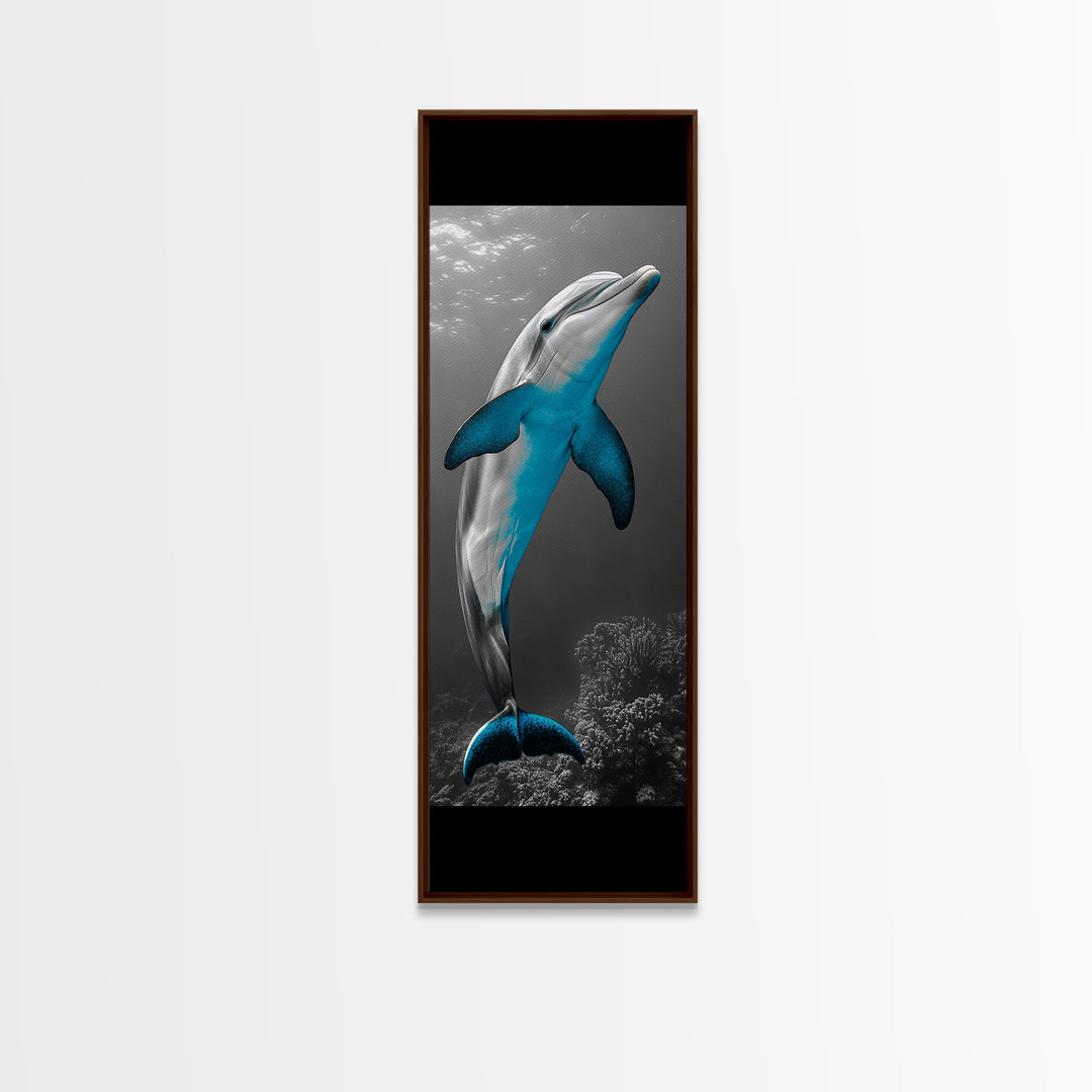 Blue Dolphin, Ocean Glow, Underwater Life, Sea Creature – Framed Canvas Print, Bathroom Wall Art, Coastal Decor, Marine Animal Art