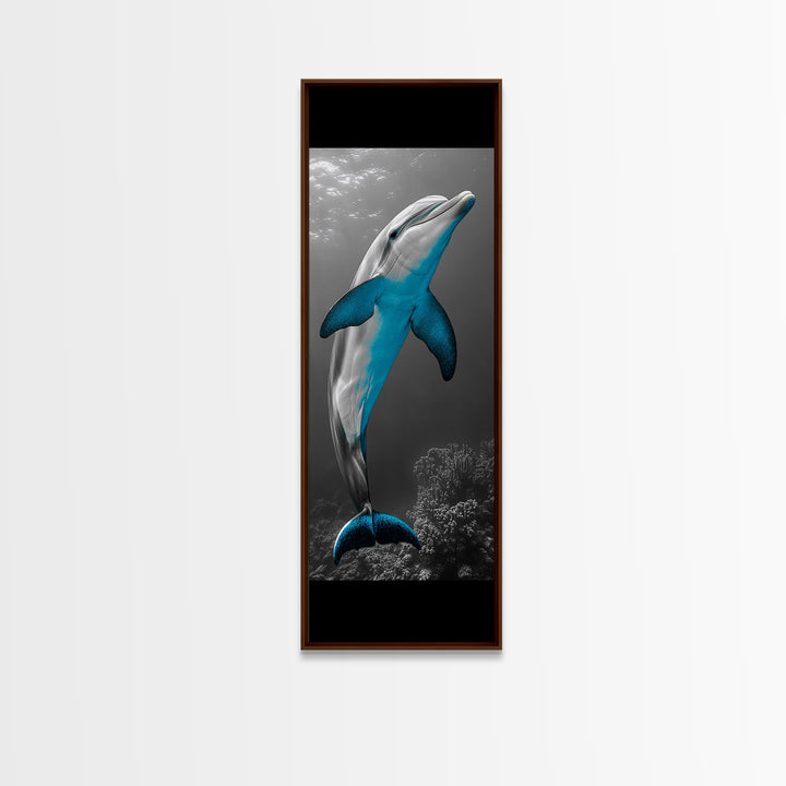 Blue Dolphin, Ocean Glow, Underwater Life, Sea Creature – Framed Canvas Print, Bathroom Wall Art, Coastal Decor, Marine Animal Art